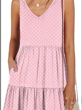 Sleeveless Pink Polka Dot Casual Tiered Dress